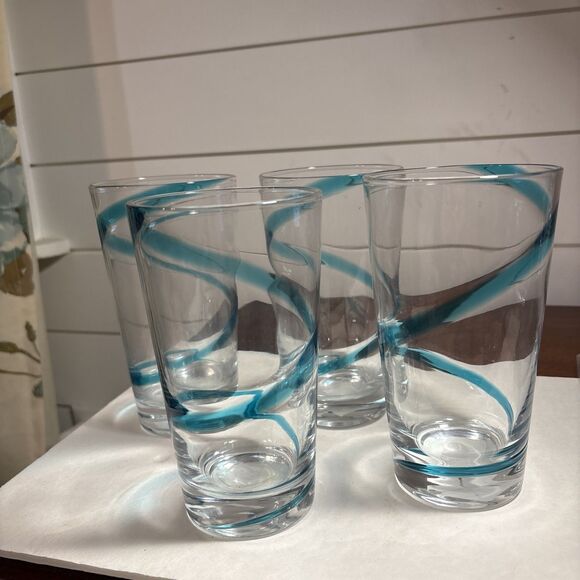 Pier 1 Aqua Hand Blown Swirline 4,20oz  6 1/2” Highball Water/Tea Glass Tumblers - Picture 1 of 6